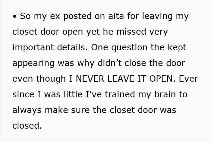 Screenshot of a text post about a guy being vented online for not closing his girlfriend&rsquo;s closet door as requested.