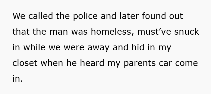 Text excerpt about a man hiding in a closet after sneaking in while the owners were away, discovered later.