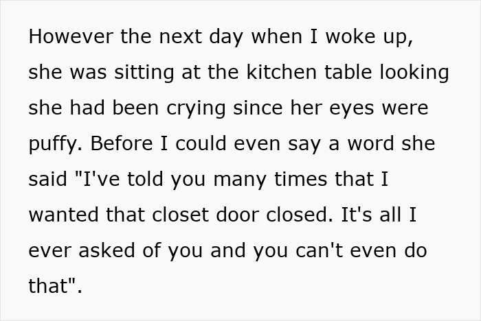 Text excerpt showing a conversation about a girlfriend upset over a closet door not being closed as requested.