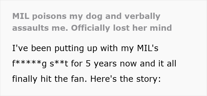 Text excerpt showing a person describing how their MIL poisons family dog and verbally attacks them, causing family conflict.