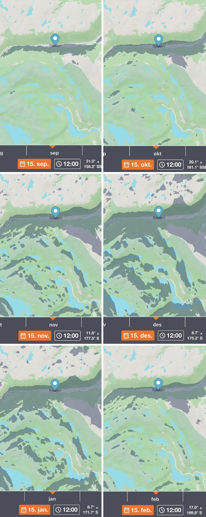 Map data showing changes around Rjukan from September to February with curiosity-interesting-map-data visual comparison.