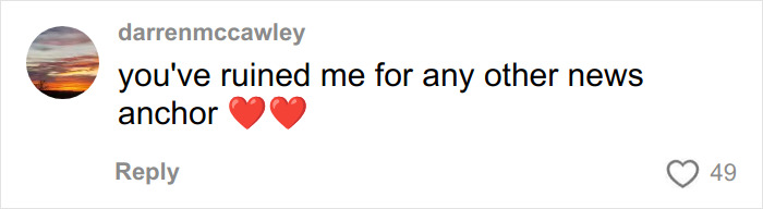 Screenshot of a social media comment praising a curvy news anchor for reading mean viewer comments in her broadcast voice.