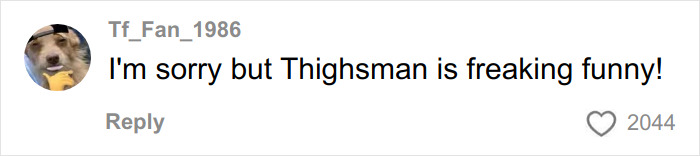 Screenshot of a social media comment praising Thighsman, related to curvy news anchor viral video reading mean viewer comments. Screenshot of a social media comment praising Thighsman, related to curvy news anchor viral video reading mean viewer comments.