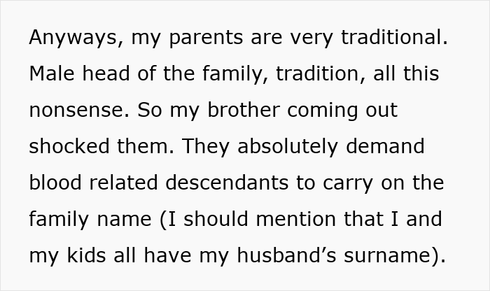 Text excerpt discussing traditional parents shocked by a gay brother coming out and family name expectations.