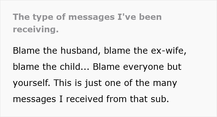 Text excerpt showing a person receiving messages blaming the husband, ex-wife, and child, revealing stepmother insecurities.