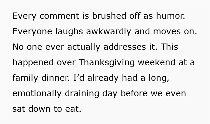 Alt text: Woman frustrated with brother-in-law tearing down her brother, clapping back during Thanksgiving family dinner.