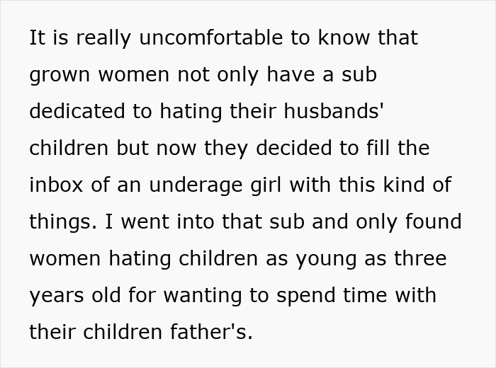 Text discussing insecurity and negativity from stepmother towards husband&rsquo;s children, revealing true colors in teen&rsquo;s story.