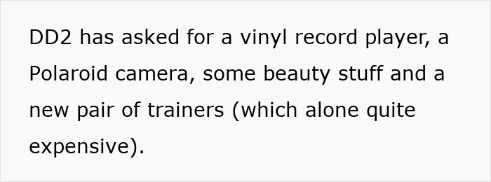 List of Christmas gift requests including a vinyl player, Polaroid camera, beauty items, and expensive trainers.