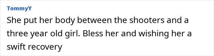 Comment text expressing gratitude for a woman who protected a 3-year-old girl during a Bondi Beach shooting incident. Comment text expressing gratitude for a woman who protected a 3-year-old girl during a Bondi Beach shooting incident.