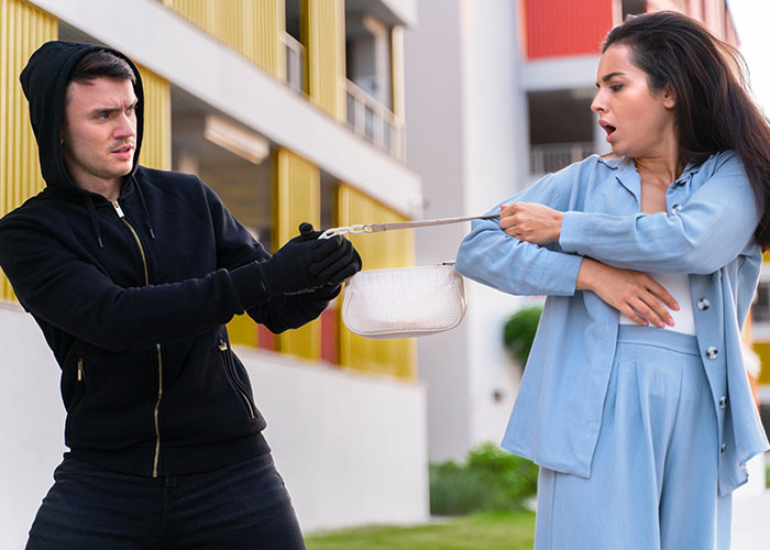 Man in black hoodie attempting to snatch purse from woman in blue outfit, illustrating dangerous survival hacks risks.
