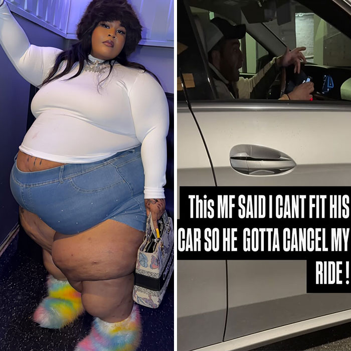 Plus-size influencer wearing white top and denim skirt on left, text about canceled ride due to size on right.