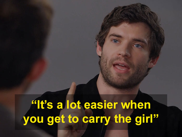 David Corenswet speaking passionately, expressing a controversial 1950s perspective on masculinity in an interview.