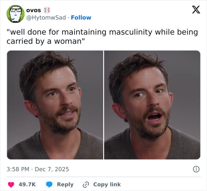 Two side-by-side images of a man reacting with surprise and speaking, highlighting masculinity perspectives.