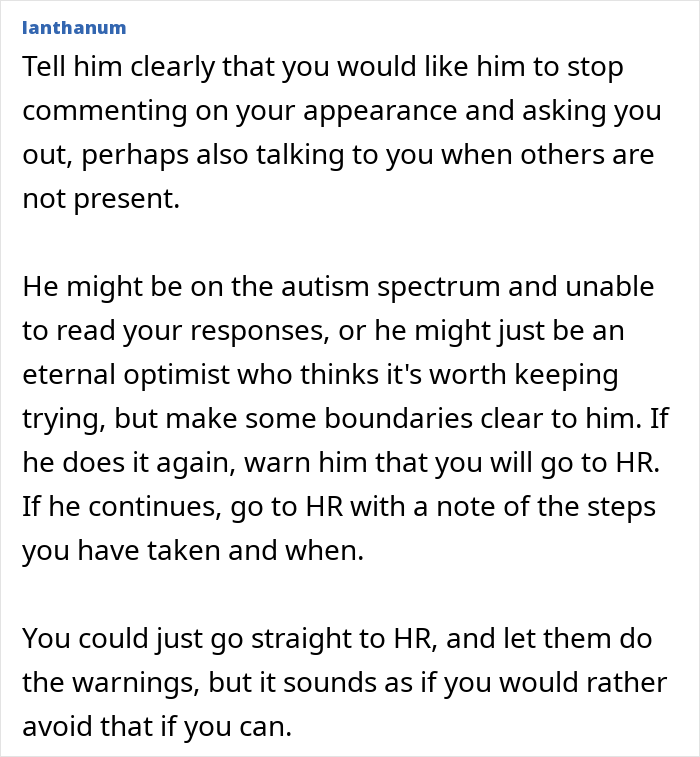 Advice on setting boundaries when a guy won’t leave younger colleague alone due to suspected inappropriate intentions. Advice on setting boundaries when a guy won’t leave younger colleague alone due to suspected inappropriate intentions.