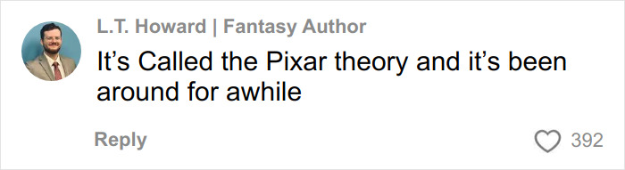 Comment by L.T. Howard discussing the Pixar theory and its long-standing presence, related to Disney fans and Toy Story.