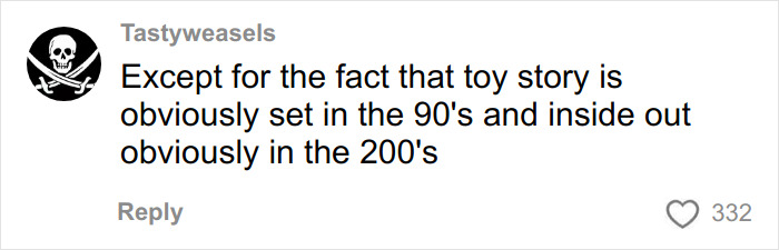 User comment from Tastyweasels about Toy Story and Inside Out timeline, discussing 90s and 2000s settings.