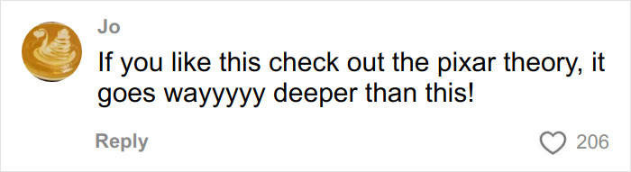 Comment on Pixar theory by user Jo, expressing excitement and suggesting deeper insights related to Toy Story characters.