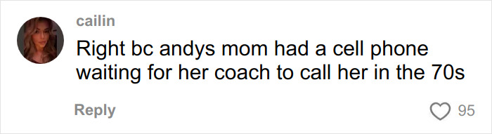 Social media comment discussing Andy&rsquo;s mom from Toy Story using a cell phone in a 70s setting, sparking fan reactions.