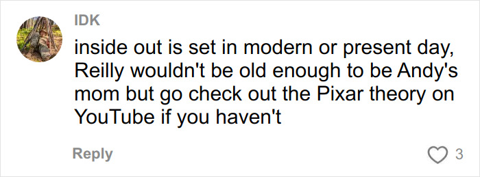 Comment discussing Pixar theory about Andy&rsquo;s mom from Toy Story, questioning character ages and movie timelines.