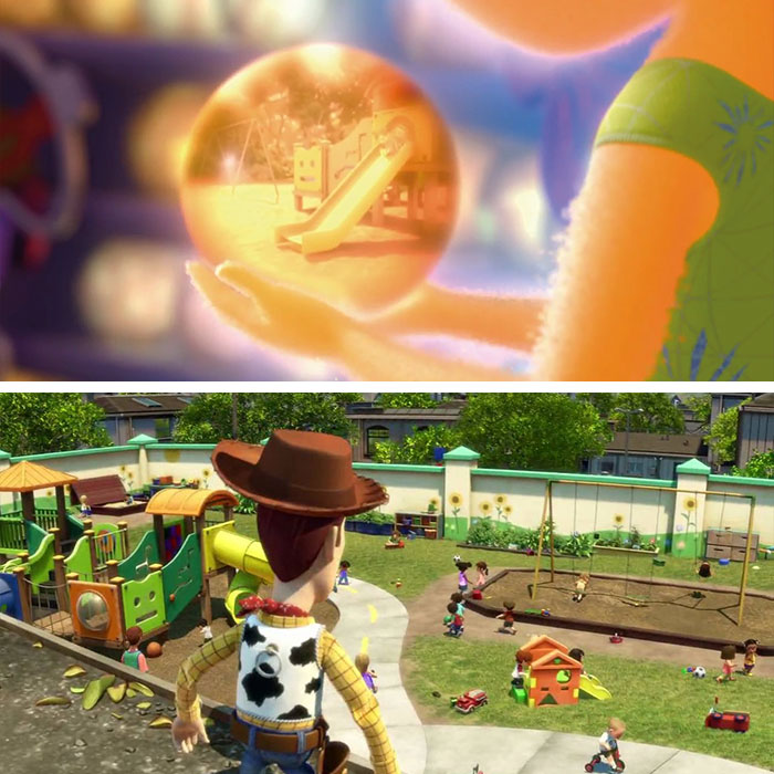 Scene from Toy Story showing Woody overlooking a playground, tied to Disney fans realizing who Andy&rsquo;s mom is.