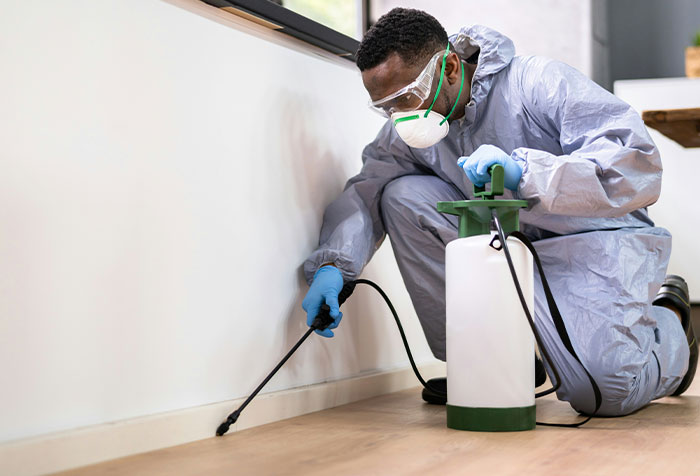 Man in protective gear using pest control spray inside a home showing disturbing things found in homes of normal people