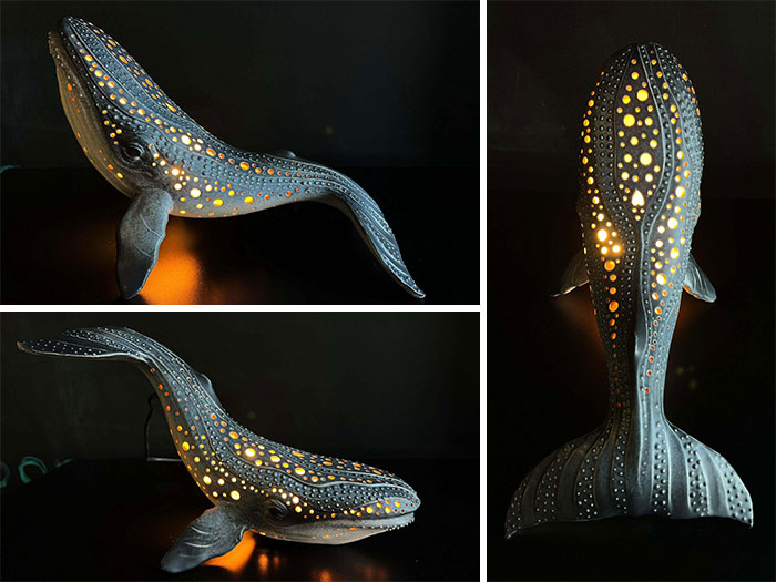 Sculpted whale lamp with intricate holes emitting warm light, showcasing a cool handmade creation people had to share.