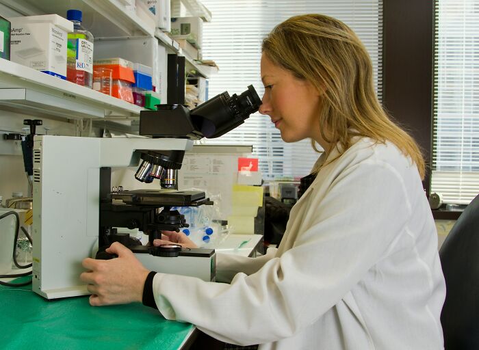 Female doctor using microscope in a lab, representing common health concerns that are actually normal according to doctors