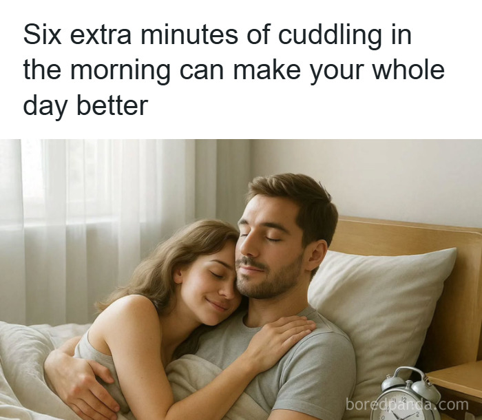 Couple cuddling in bed in the morning, illustrating fun and fascinating psychology facts about improving your day.