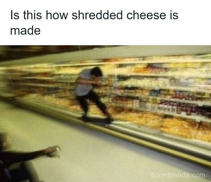 Person skateboarding inside grocery store near shredded cheese section in a funny unhinged memes grapejuiceboys style image.