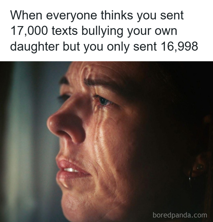 Close-up of a woman with a tearful expression, illustrating a funny unhinged meme about texting and misunderstandings.