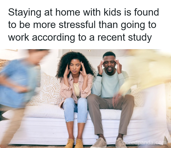 Stressed parents sitting on a couch with kids running around, illustrating fun and fascinating psychology facts.