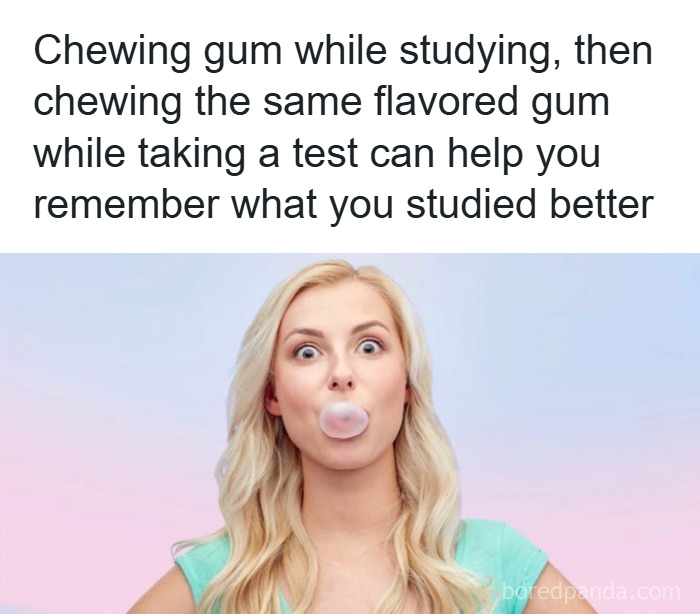 Psychology fact about chewing gum while studying and testing to improve memory retention shown with woman blowing a bubble.