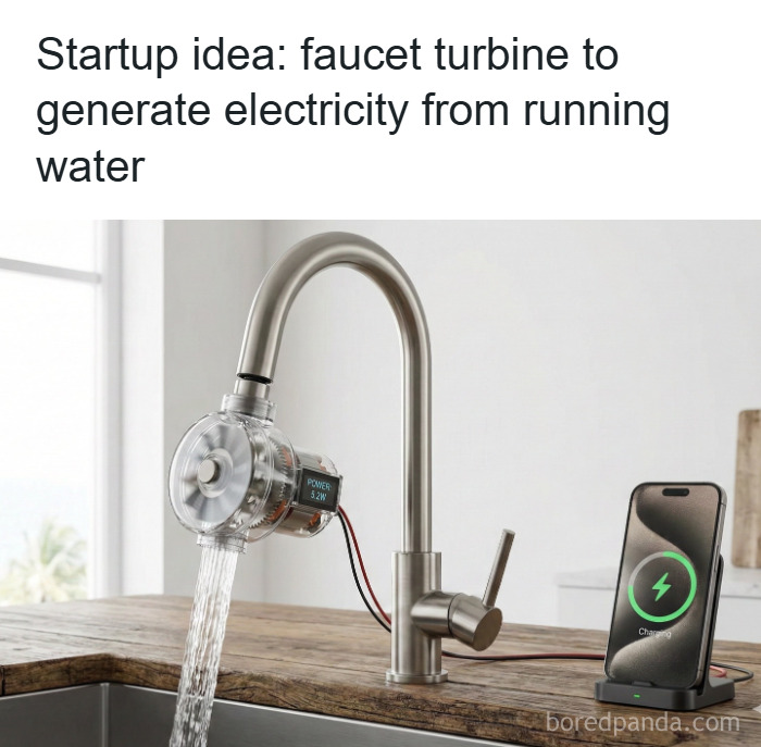Faucet turbine generating electricity from running water to wirelessly charge a smartphone on a kitchen counter.