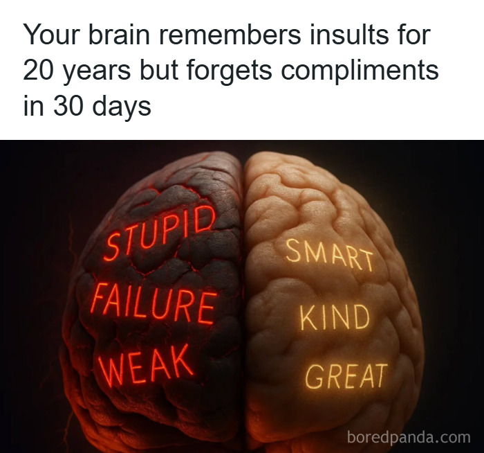Split brain image showing negative and positive words, illustrating fun and fascinating psychology facts about memory bias.