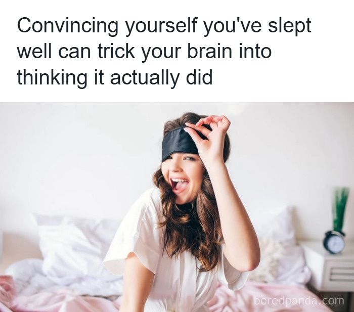 Woman in bed lifting sleep mask with a playful smile illustrating fun and fascinating psychology facts about the brain.