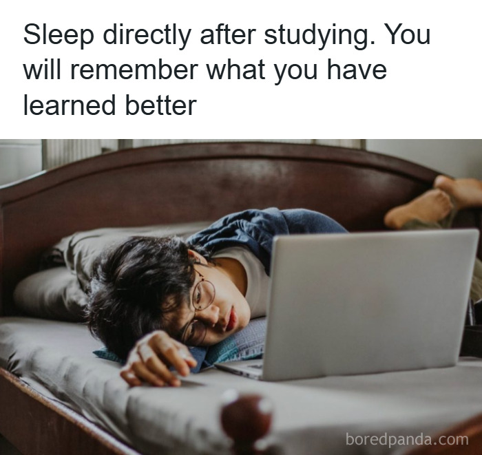 Person lying on bed next to laptop with text about remembering better after sleep, illustrating psychology facts concept.