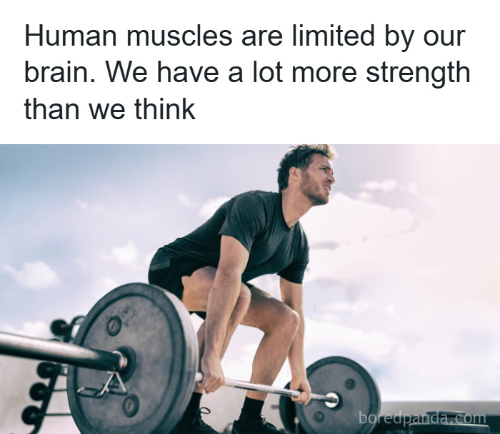 Psychology fact about human muscles limited by brain strength, showing man lifting heavy barbell outdoors.