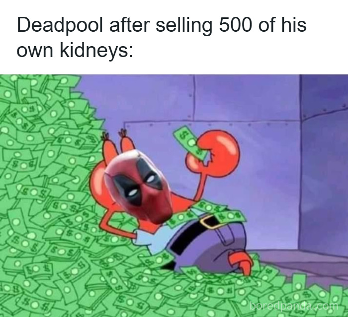 Cartoon character lying in a pile of money with a Deadpool mask, humorously referencing solving weird math problems.