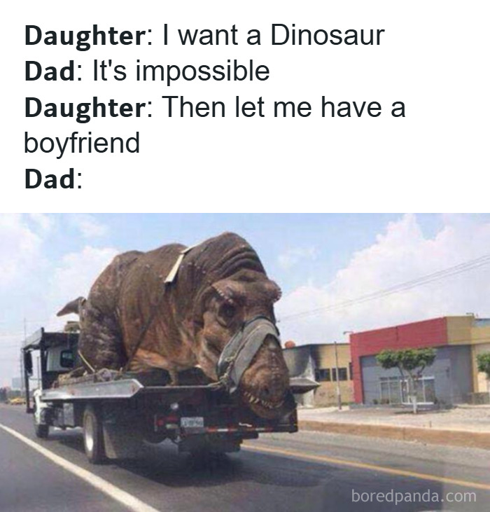Dad humor meme with a dinosaur on a truck, one of the 120 hilarious memes that make you forget what you were stressed about.