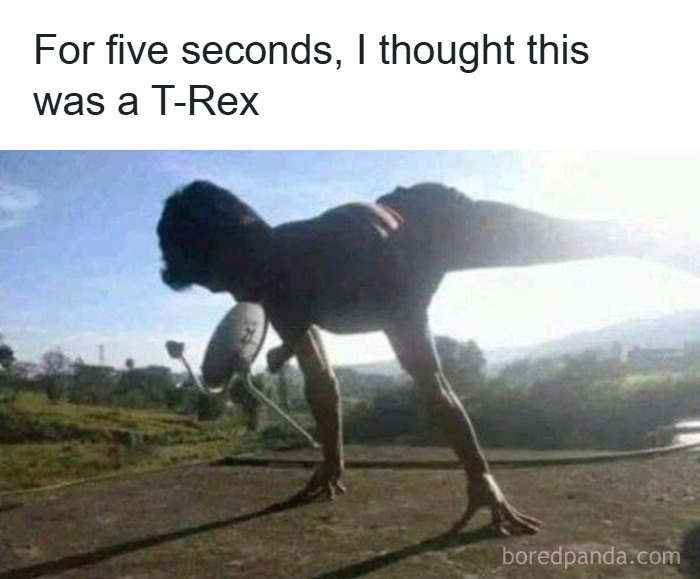 Silhouette of a person balancing on one hand resembling a T-Rex, a funny meme to help you forget stress.