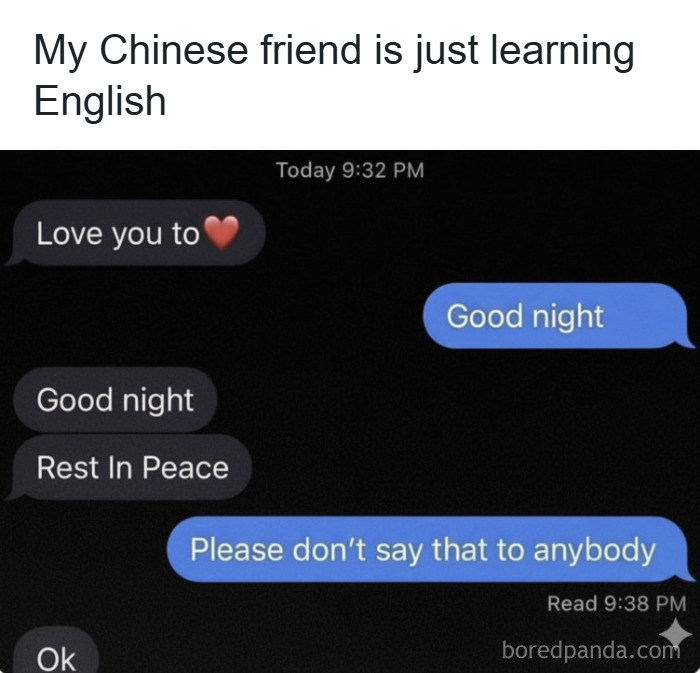 Text message exchange showing humorous English learning mistake with phrase mix-up, part of hilarious memes collection.