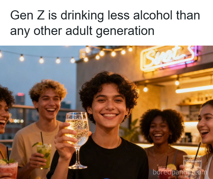 Group of young adults socializing outdoors, illustrating psychology facts about Gen Z drinking less alcohol than older generations.