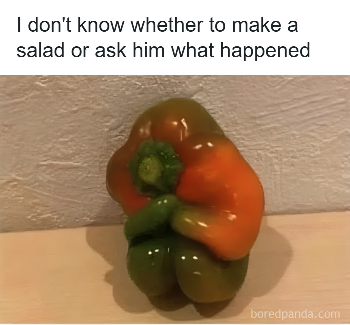 Bell pepper with unusual shape hugging itself, featured in a collection of hilarious memes that ease stress and make you laugh.