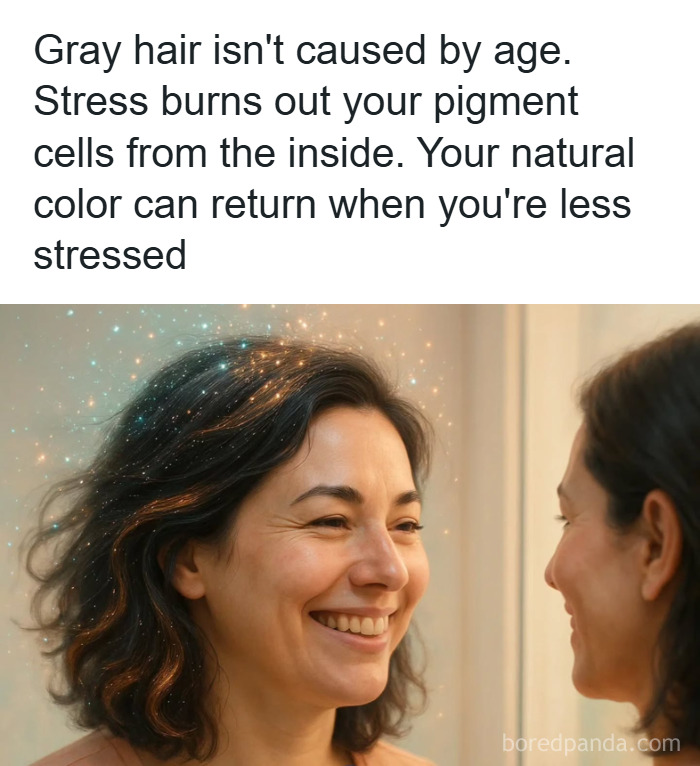 Smiling woman looking at her reflection with glowing effects, illustrating fun and fascinating psychology facts about stress.