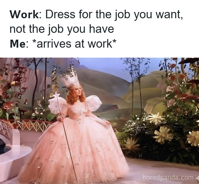 Woman dressed as a fairy queen arriving at work humorously illustrating hilarious memes that make you forget stress.
