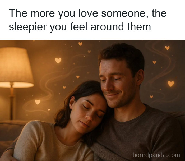 Couple sitting close with eyes closed, illustrating fun and fascinating psychology facts about love and sleepiness.