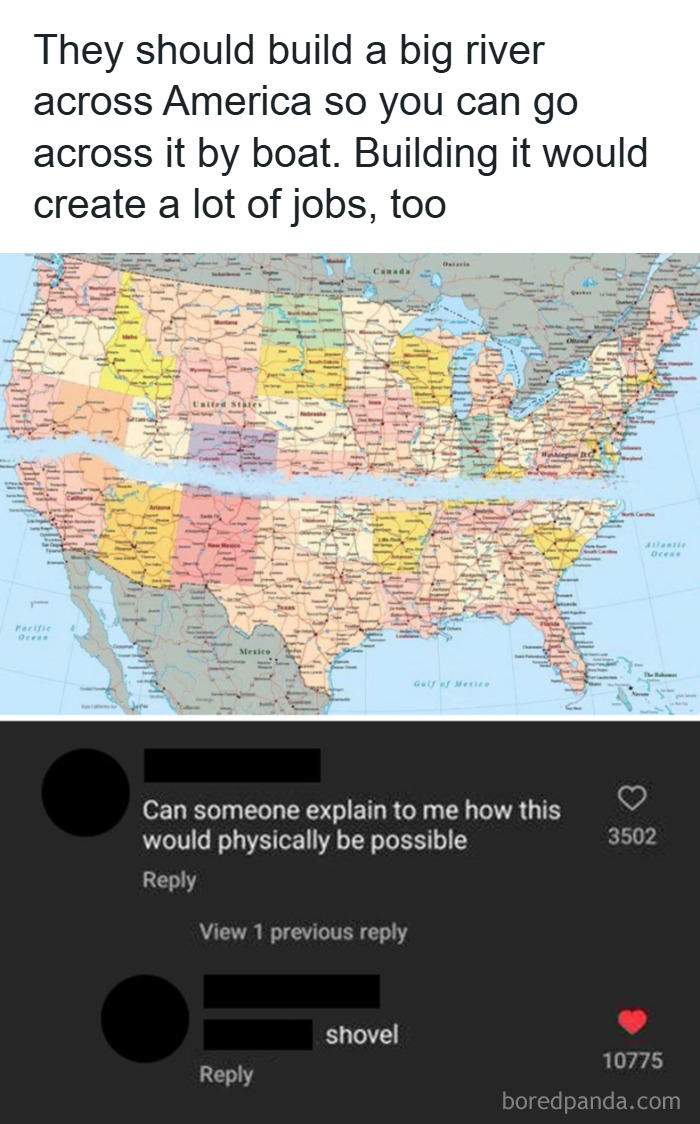 Map of the United States with a humorous comment on solving a weird math problem about building a river.