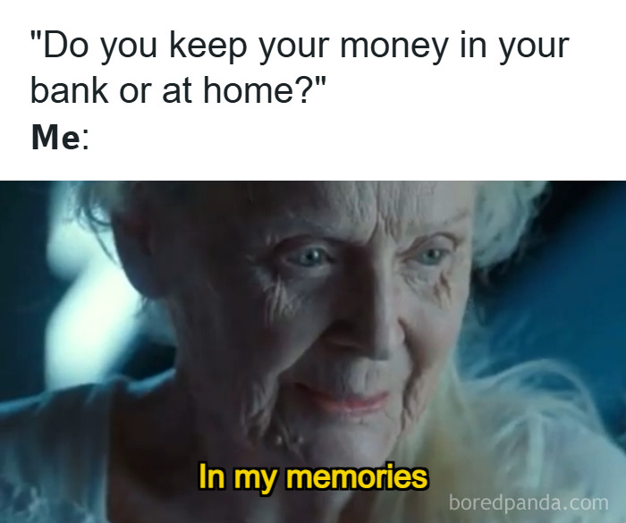 Elderly woman smiling gently, meme humor about keeping money in memories, highlighting hilarious memes that reduce stress.