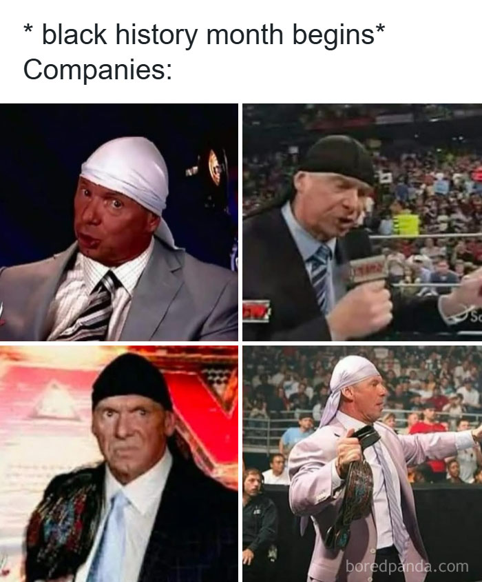 Four images of men in suits and durags at wrestling events, humorously illustrating companies during Black History Month.