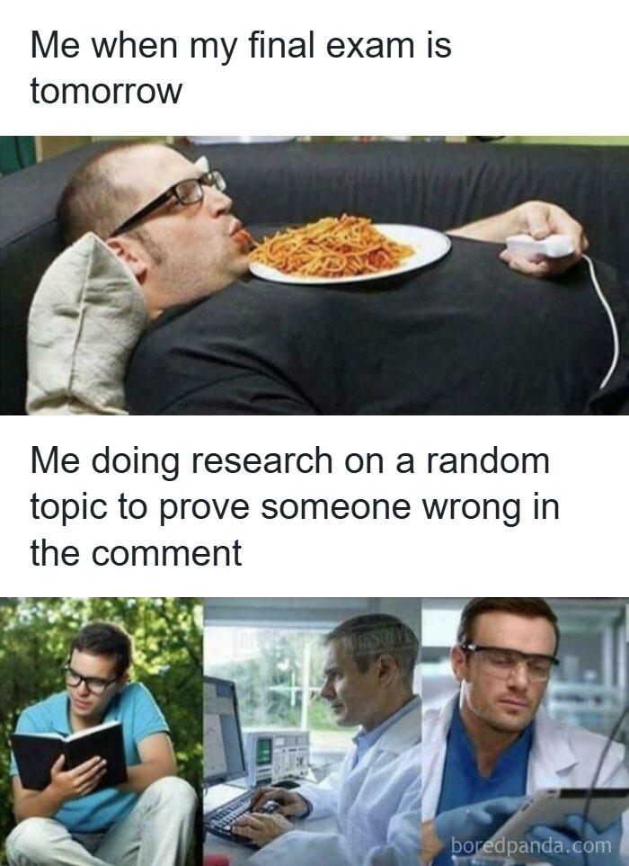 College memes showing a student lazily eating and others intensely researching to prove a point online.
